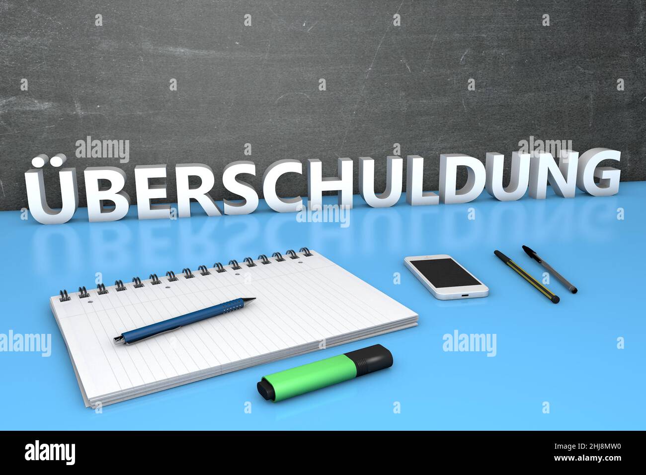 Ueberschuldung - german word for over indebtedness  - text concept with chalkboard, notebook, pens and mobile phone. 3D render illustration. Stock Photo