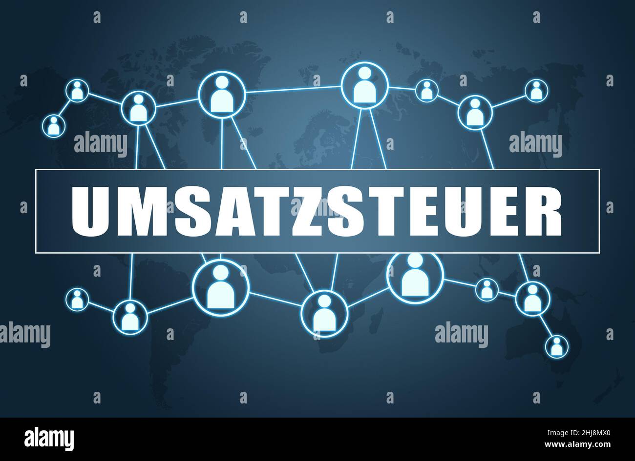 Umsatzsteuer - german word for sales tax or VAT - text concept on blue background with world map and social icons. Stock Photo