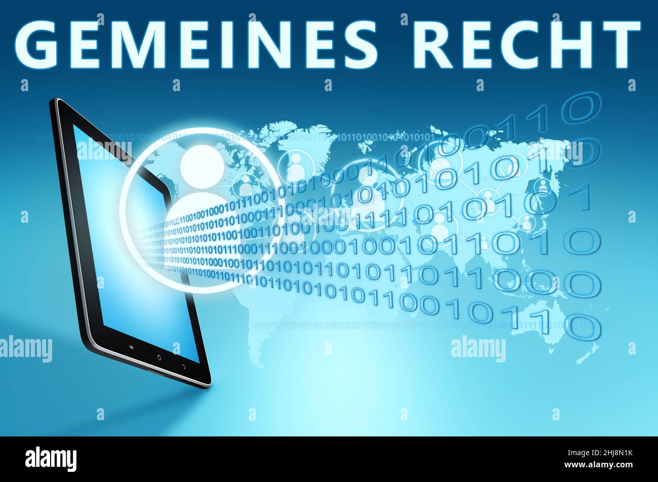 Gemeines Recht - german word for common right - text concept with tablet computer on blue wolrd map background - 3d render illustration. Stock Photo