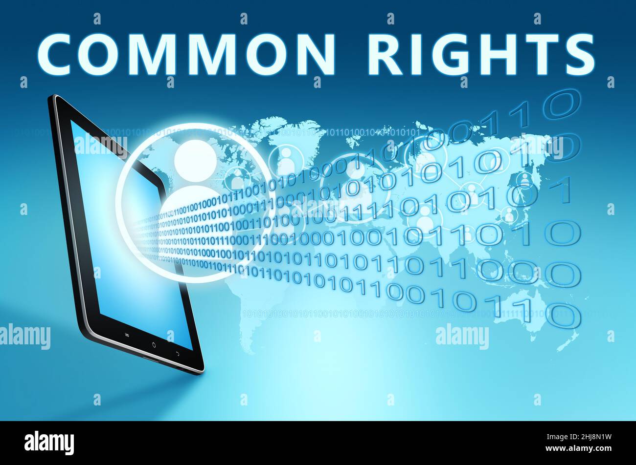 Common Righter Common Rights - text concept with tablet computer on blue wolrd map ...