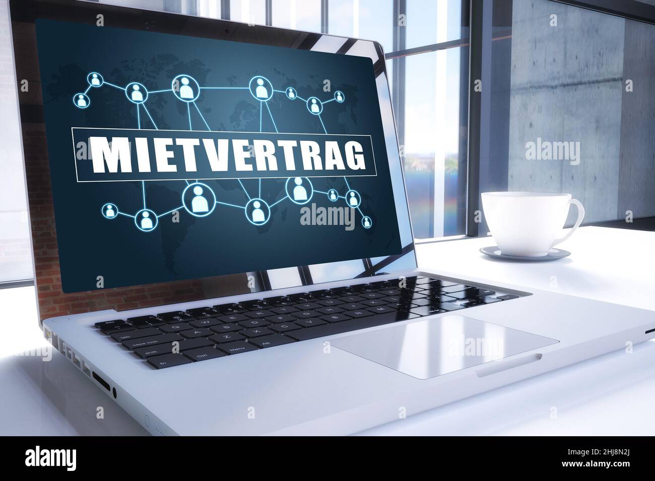 Mietvertrag - german word for rent contract or lease agreement. Text on modern laptop screen in office environment. 3D render illustration business te Stock Photo