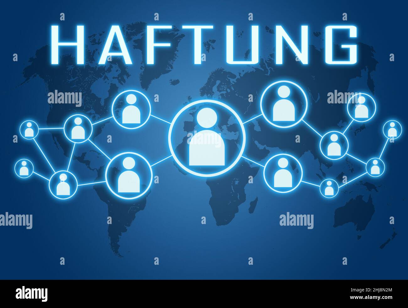 Haftung - german word for liability - text concept on blue background with world map and social icons. Stock Photo