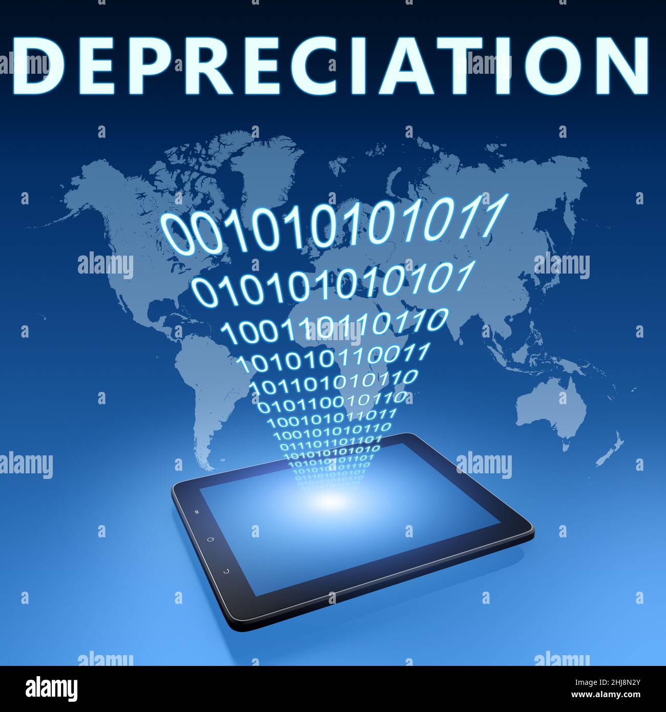 Depreciation text concept with tablet computer on blue wolrd map