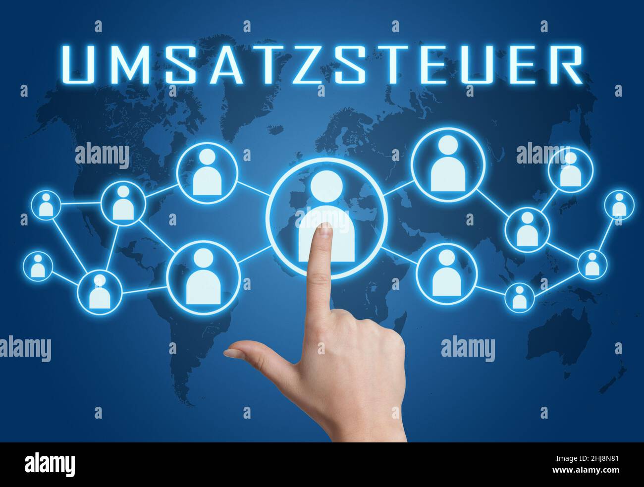 Umsatzsteuer - german word for sales tax or VAT - text concept with hand pressing social icons on blue world map background. Stock Photo