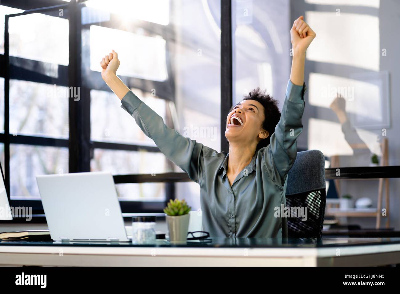 Excited Positive African Woman Using Laptop Computer Stock Photo Alamy