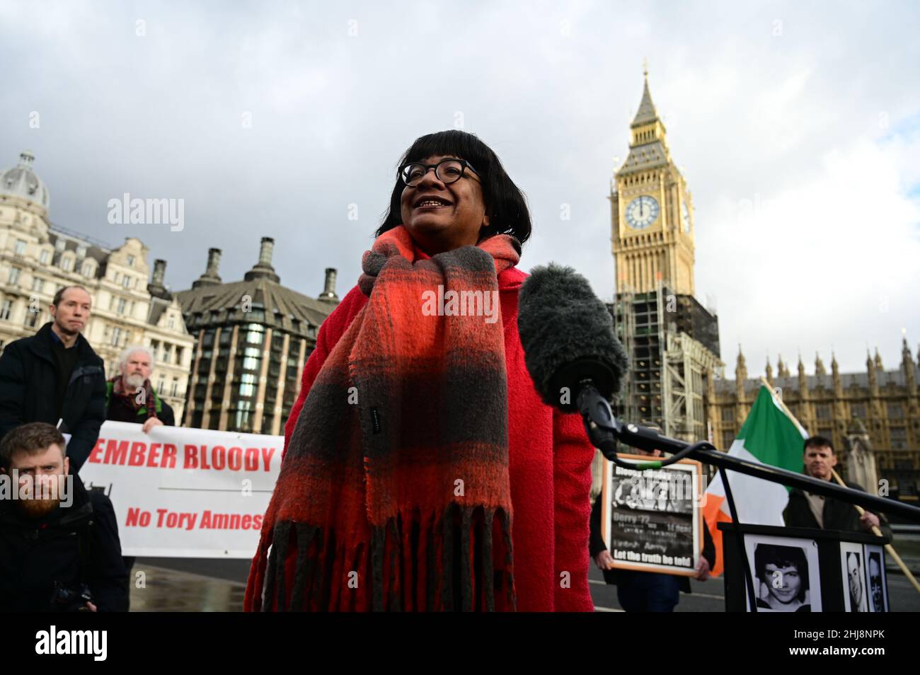 Parliament Square, London, UK. January 27th 2022. Speaker Diane Abbott attends the rally to Remember Bloody Sunday, Derry 1972. The Irish people want justice of the Bloody Sunday, Derry 1972 and Irish people should have the courage United Ireland. Credit: Picture Capital/Alamy Live News Stock Photo