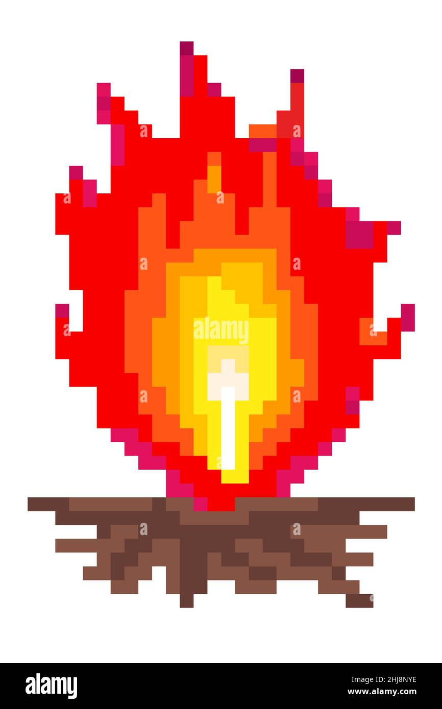 Pixel art: a camp fire, with big high red flames. Stock Photo