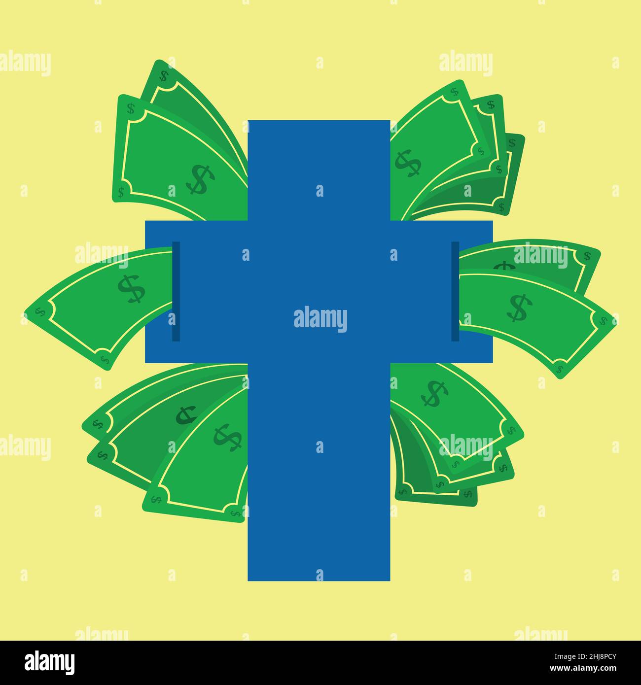 Cross shape with money bills around. Crucifix with money bills around. Money coming out of the cross. Yellow background. Isolated. Stock Vector