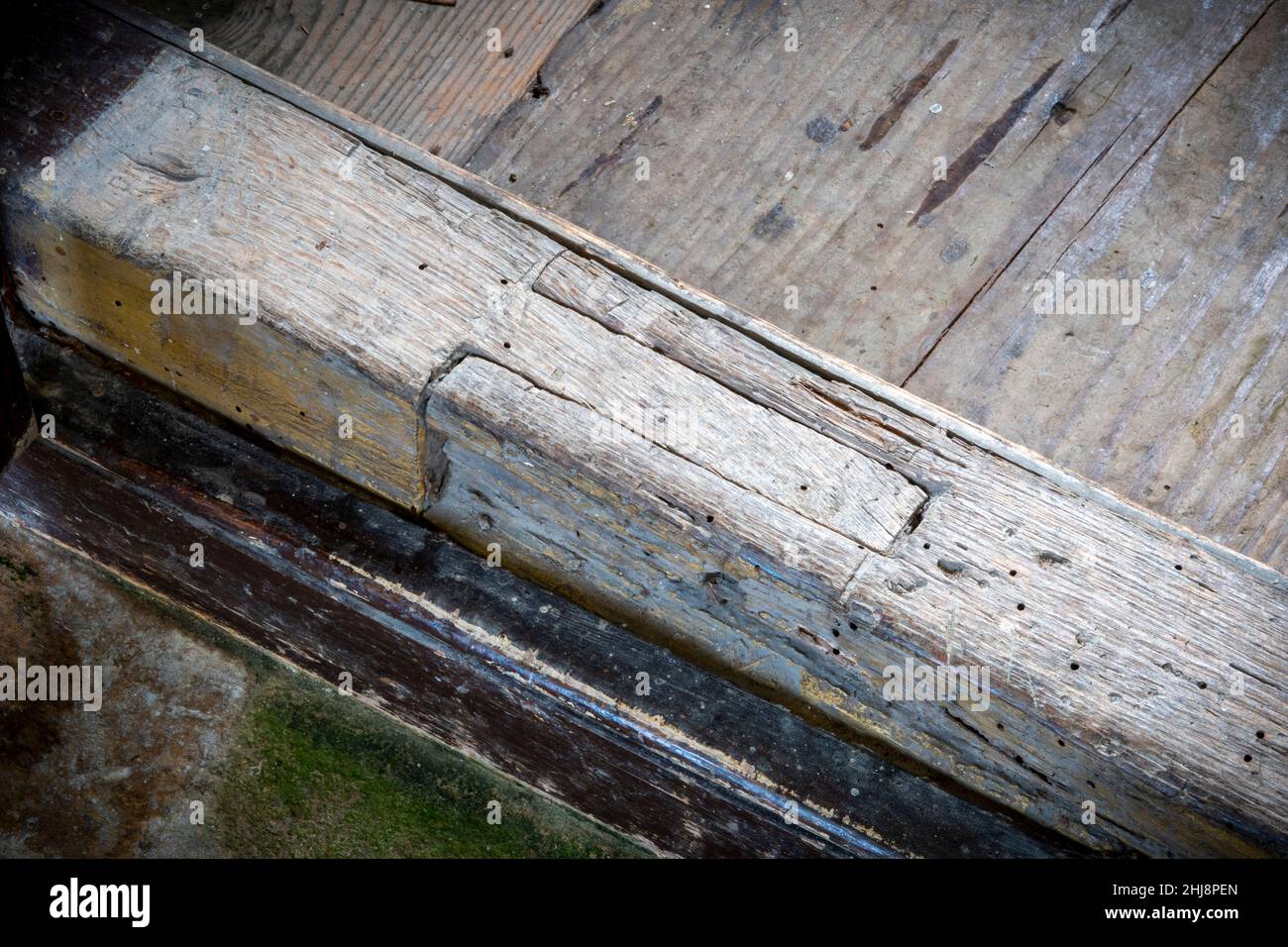 Floor splice repairs in box pews St Lawrence Church Brundish, Suffolk, UK Stock Photo