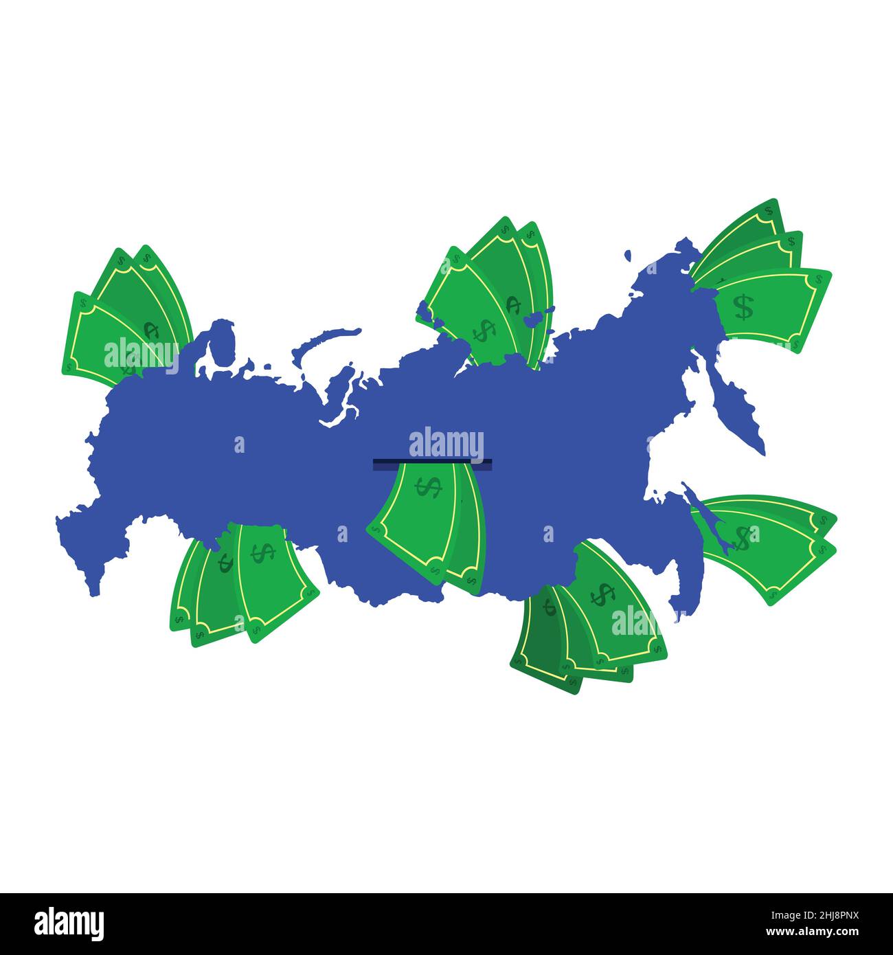 Russia map in blue with money bills around. Money leaving the center of the country. Economy of russian country. White background. Isolated. Stock Vector