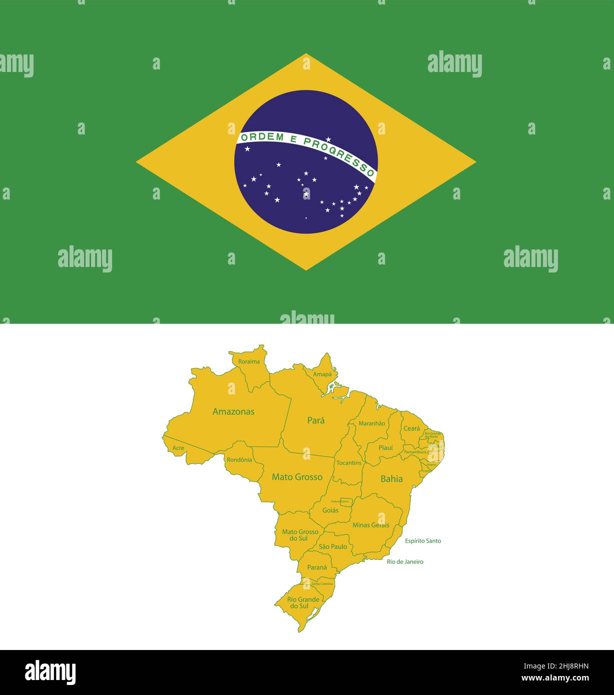 Brazil map with region states with Brazil flag vector Stock Vector