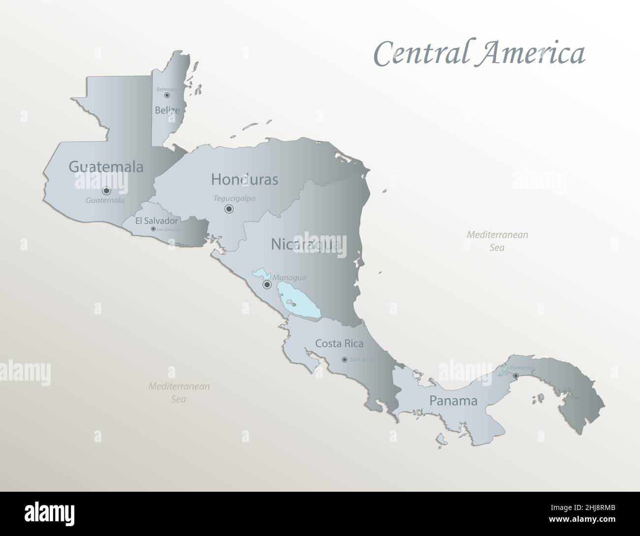 Central America map, individual states with names, white blue card ...