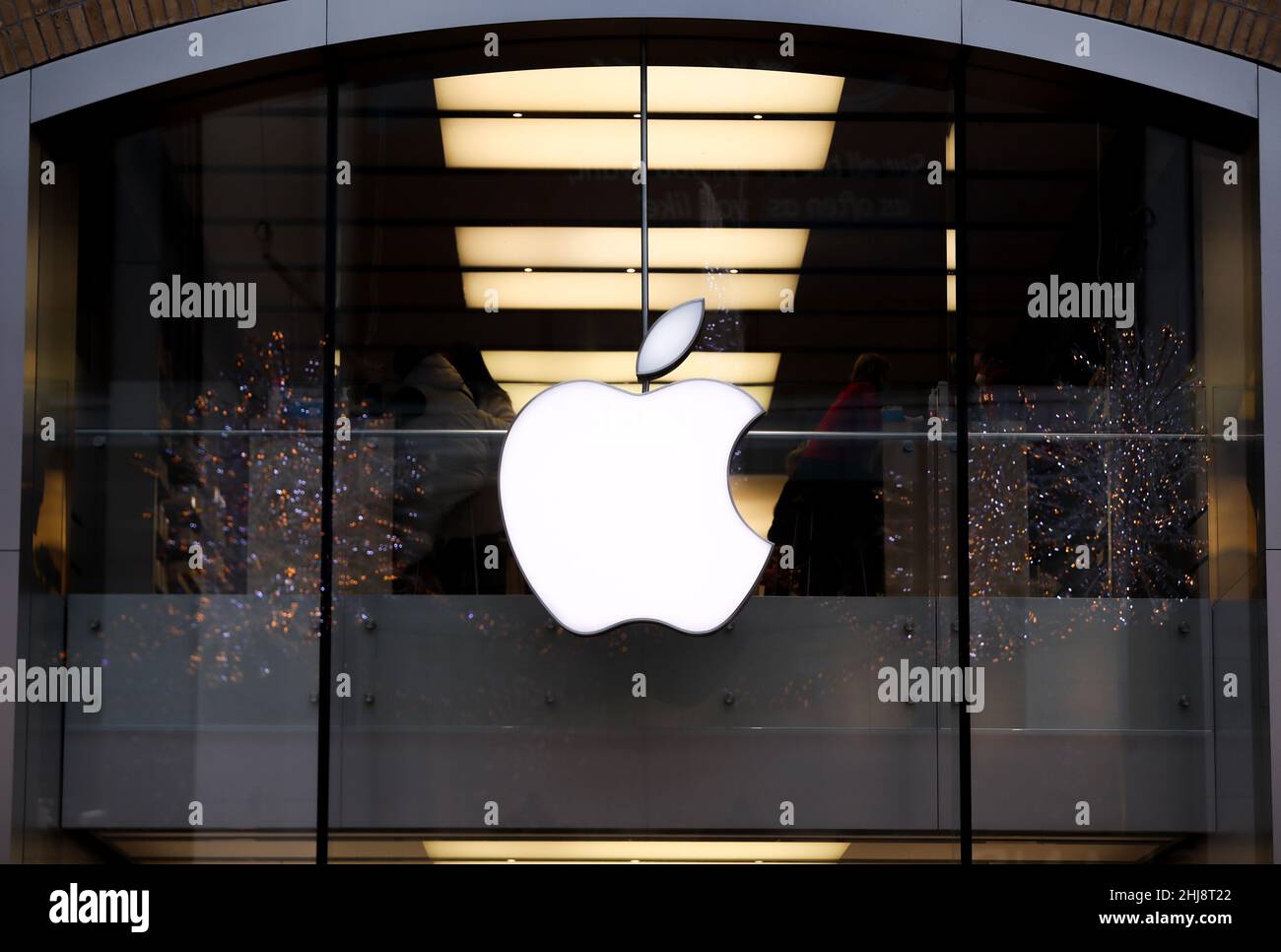 The Apple Inc. logo as seen at the Apple Shop in Belfast, Northern Ireland. Stock Photo