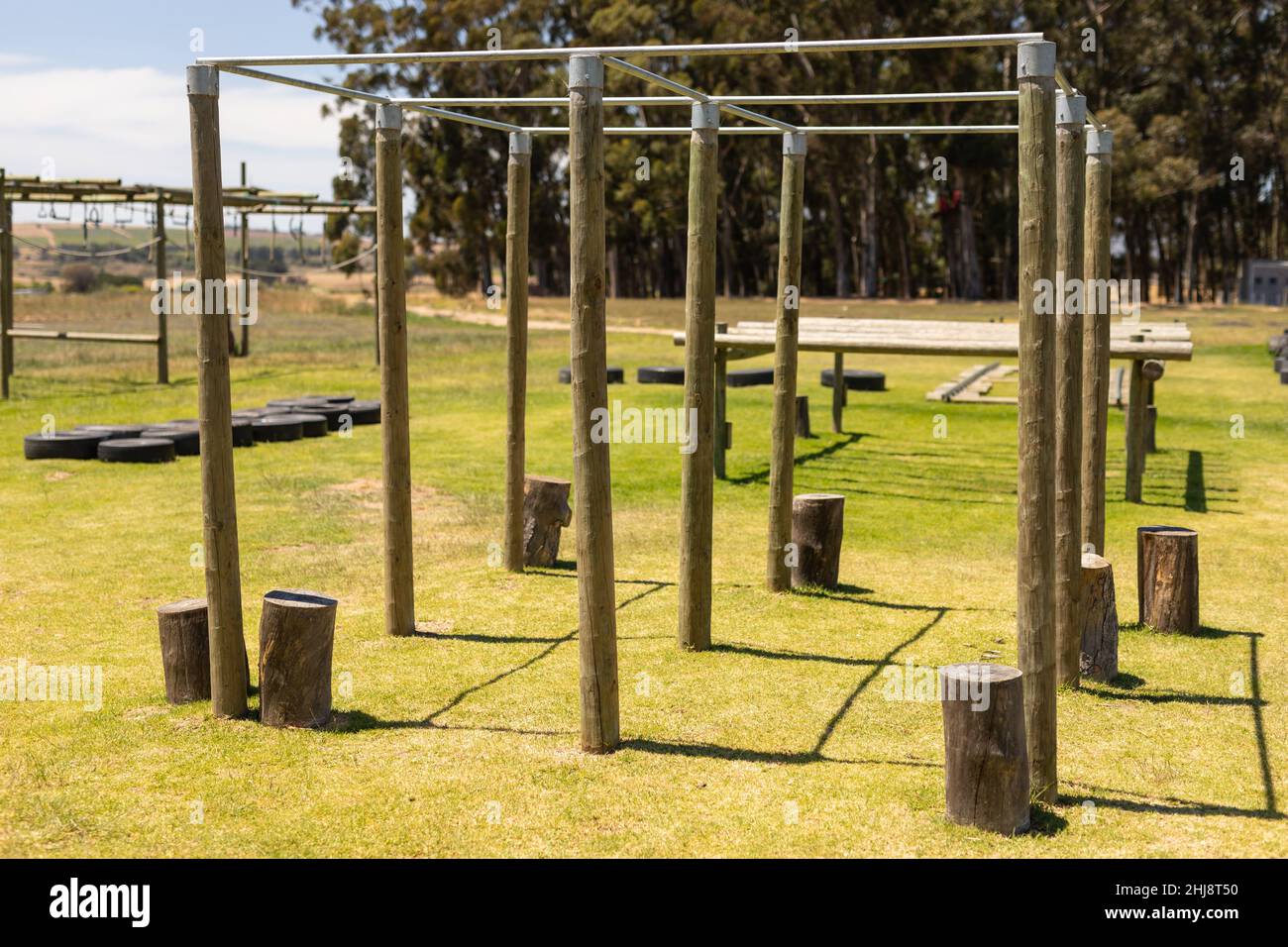 View of obstacle course on a field at boot camp Stock Photo