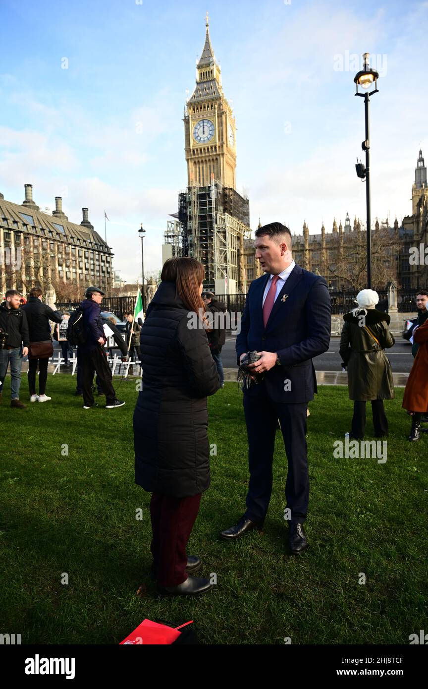 Parliament Square, London, UK. January 27th 2022. John Finucane attends the rally to Remember Bloody Sunday, Derry 1972. The Irish people want justice of the Bloody Sunday, Derry 1972 and Irish people should have the courage United Ireland. Credit: Picture Capital/Alamy Live News Stock Photo