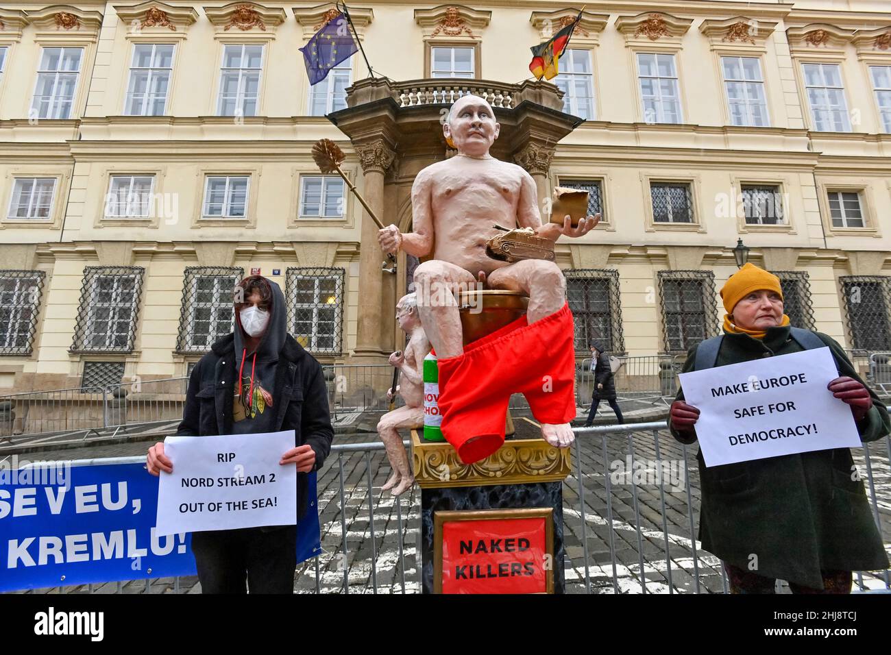 Prague, Czech Republic. 27th Jan, 2022. Kaputin and Pulse of Europe groups  protest against cooperation between Germany and Russia in projects such as  Nord Stream 2 gas pipeline, refusal to supply arms