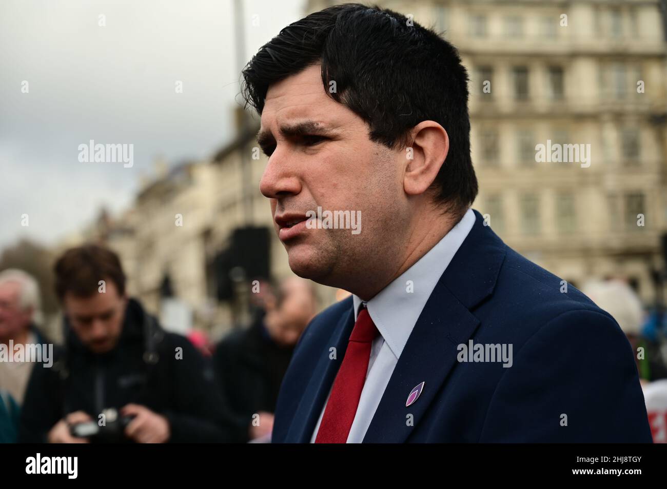 Parliament Square, London, UK. January 27th 2022. Speaker Richard Burgon attends the rally to Remember Bloody Sunday, Derry 1972. The Irish people want justice of the Bloody Sunday, Derry 1972 and Irish people should have the courage United Ireland. Credit: Picture Capital/Alamy Live News Stock Photo