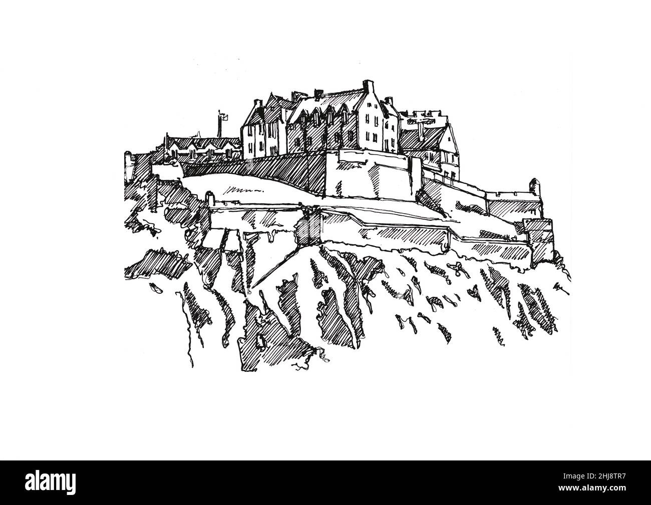 Sketch of Edinburgh Castle on a white background. Stock Photo