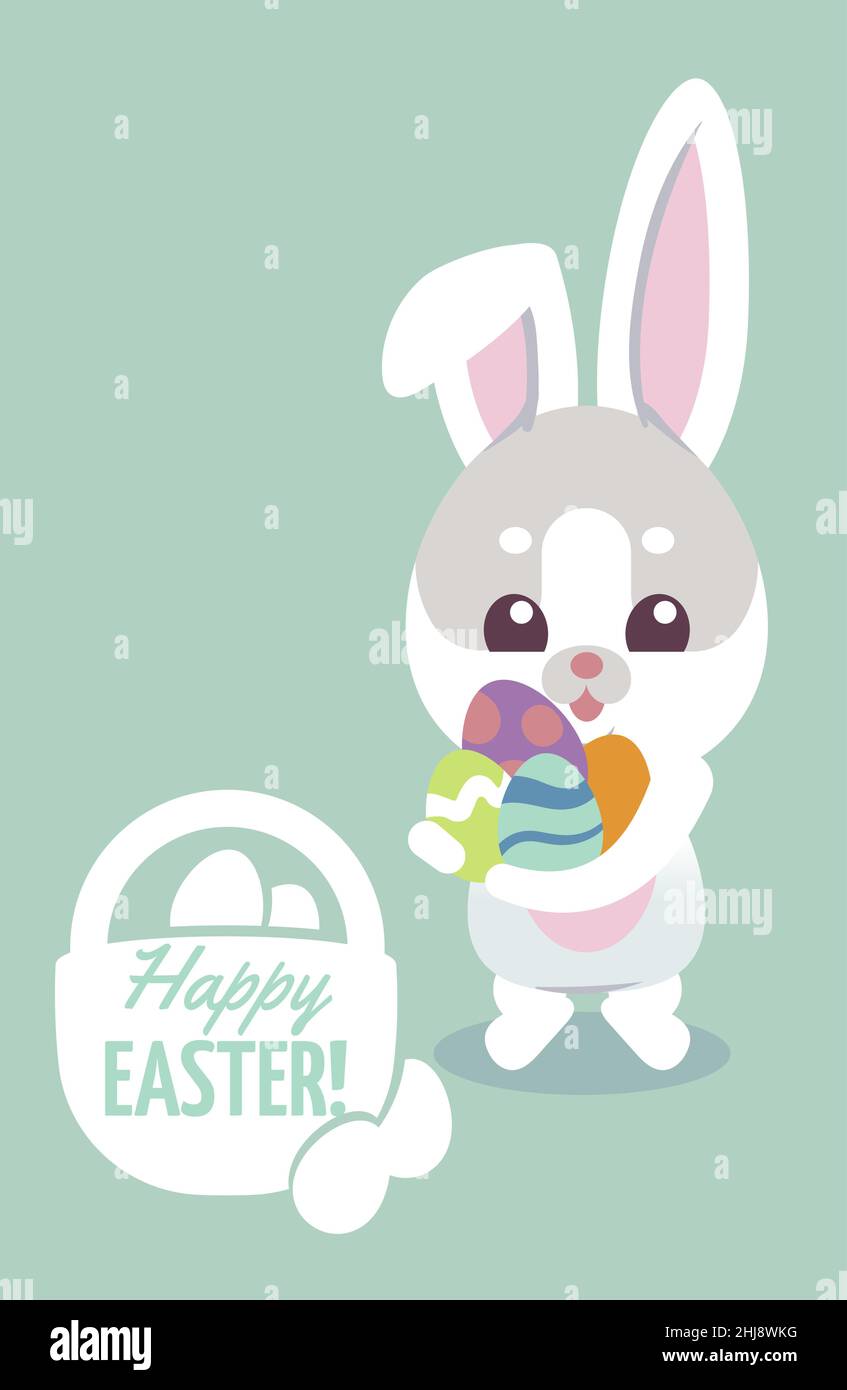 Happy Easter invitation card. Cartoon bunny on egg hunt Stock Vector ...