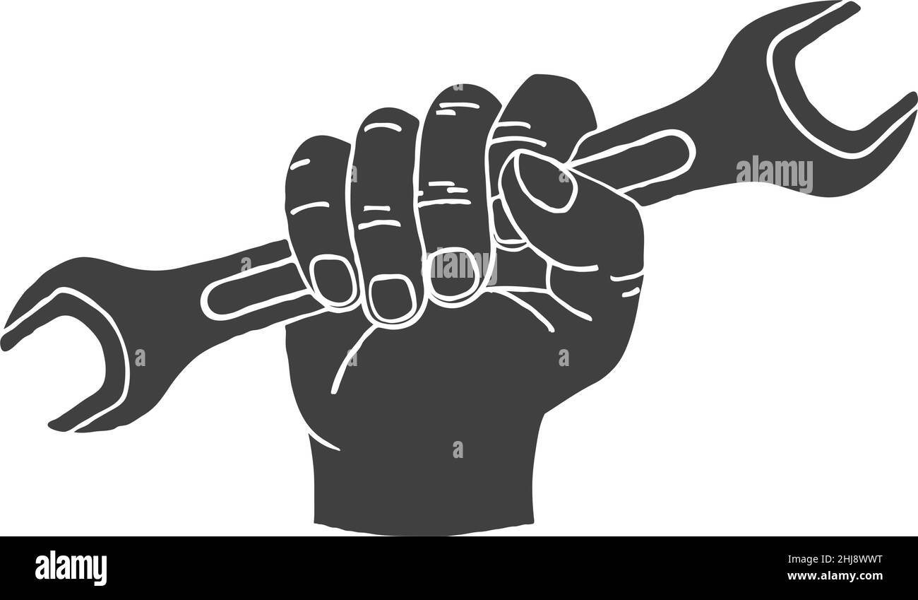 Wrench in a Hand Retro Style Vector Illustration. Isolated Stock Vector