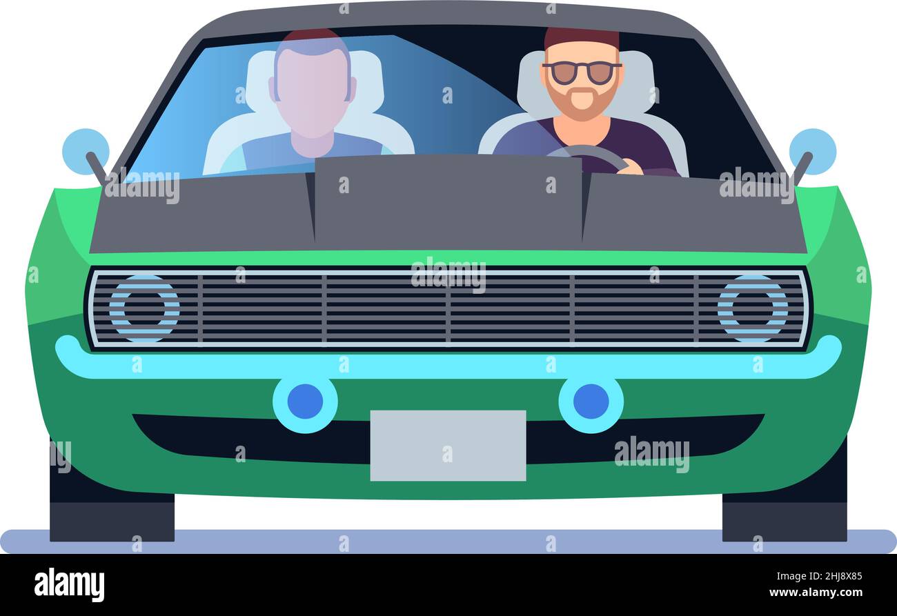Man driving car with passenger. Auto front view Stock Vector