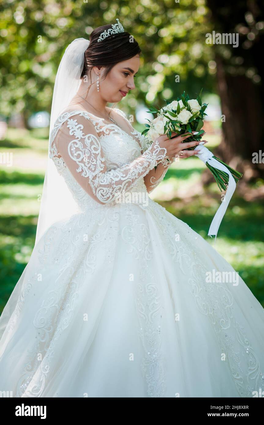 Portrait of a bride in a beautiful white dress on a green background ...
