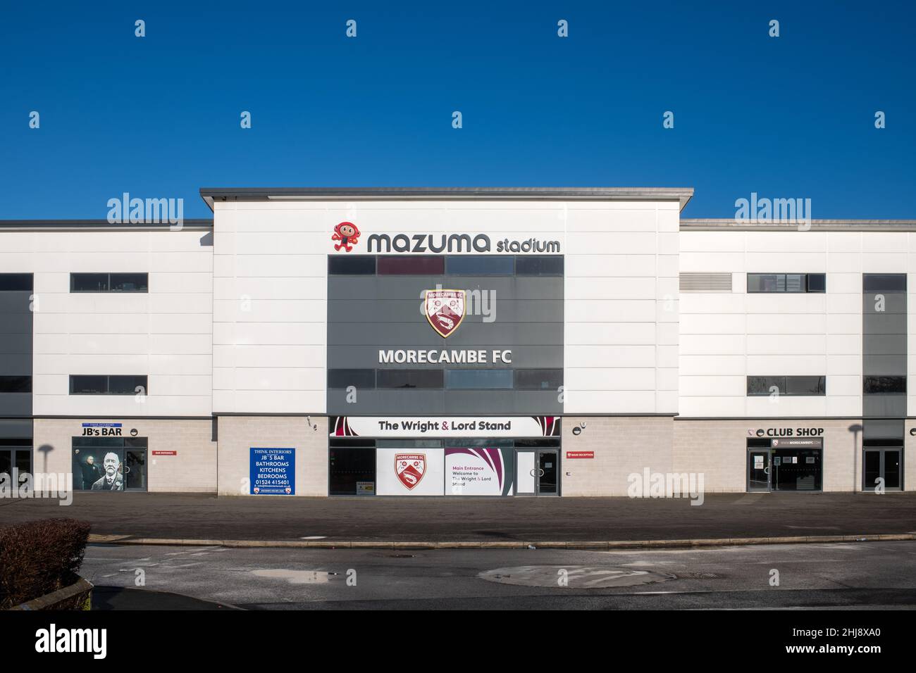 Entrance to a Mazuma Stadium, home of Morecambe FC Football Club. Stock Photo