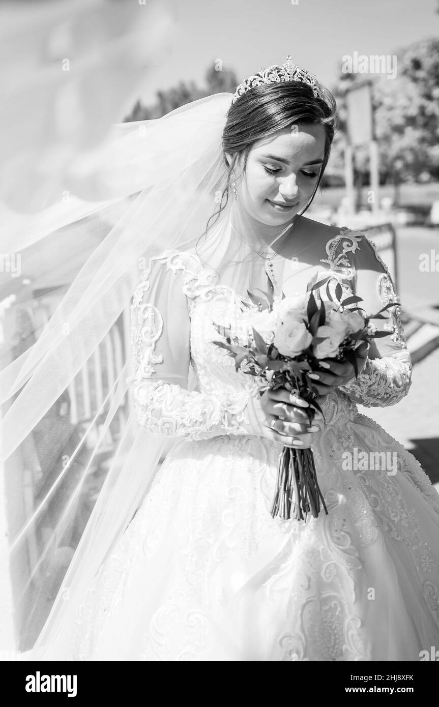 Portrait of a bride in a beautiful white dress on a green background ...
