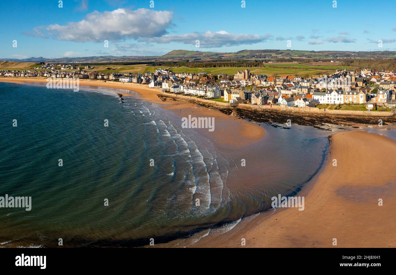 Aerial view from drone of Elie and Earlsferry villages on Firth of Forth coast, Fife, Scotland