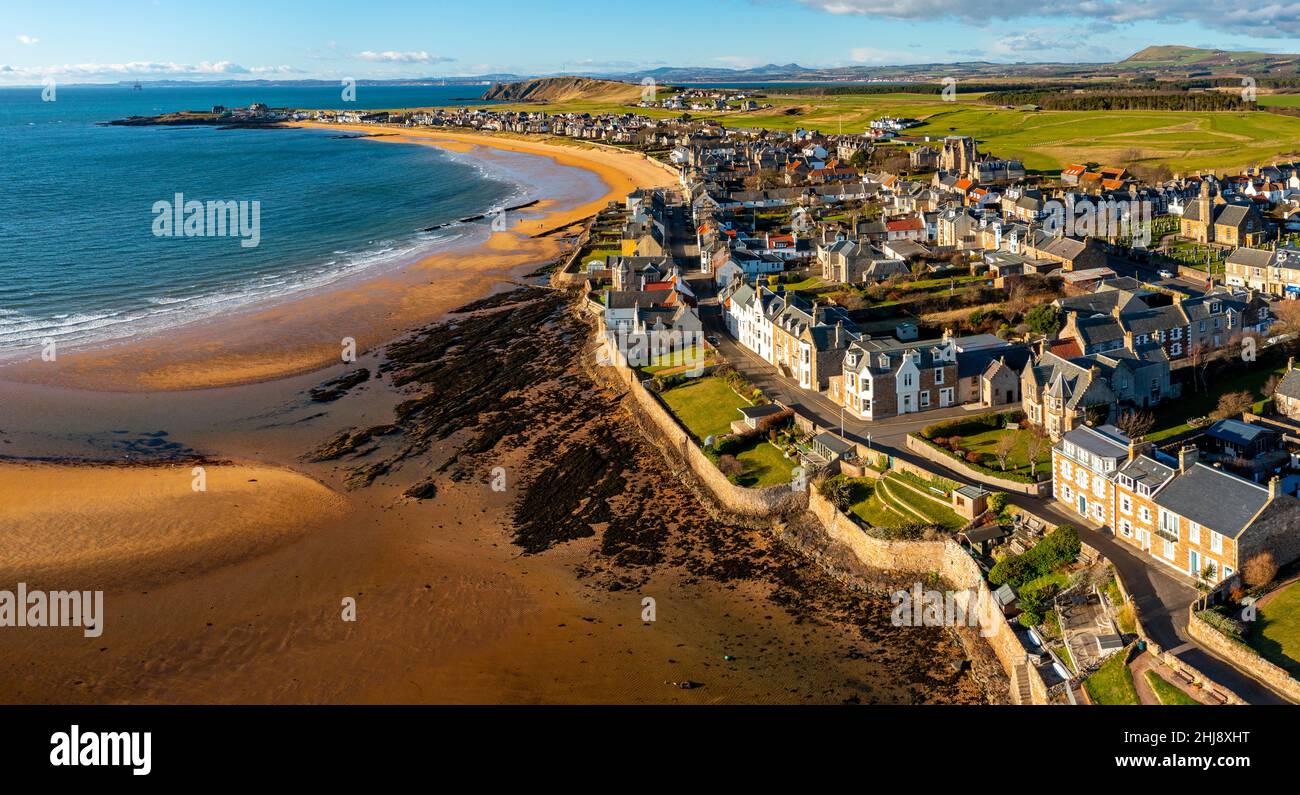 Aerial view from drone of Elie and Earlsferry villages on Firth of