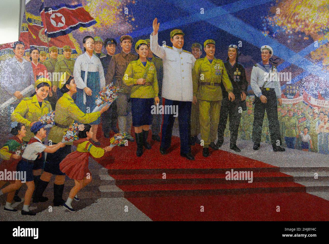 Mosaic at Pyongyang Metro in North Korea. Stock Photo