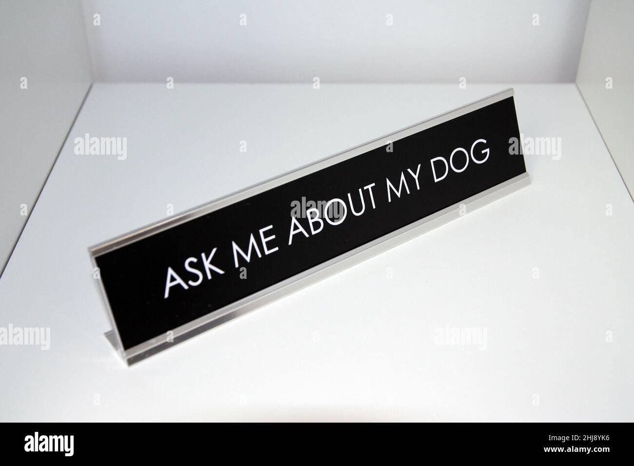 Ask me about my dog metal black and silver sign on a white shelf in office life Stock Photo