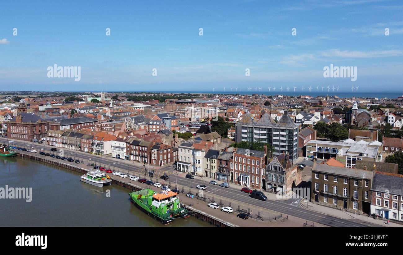 Great Yarmouth South Quay aerial drone view with town in background