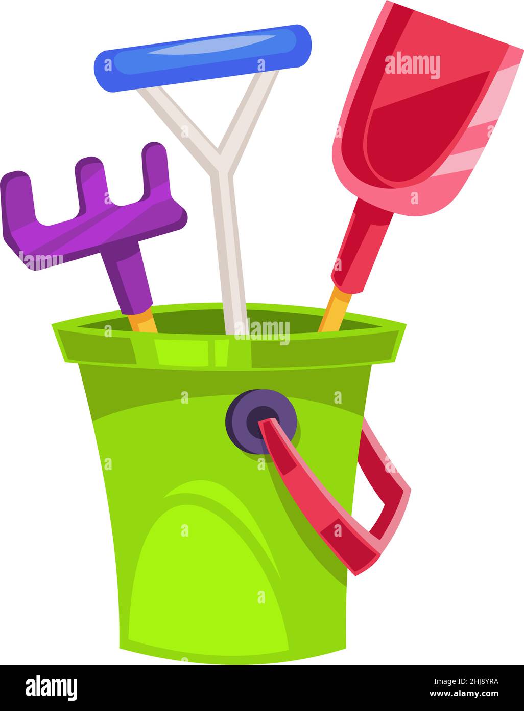 Sandbox tools. Plastic bucket with child playing toys Stock Vector