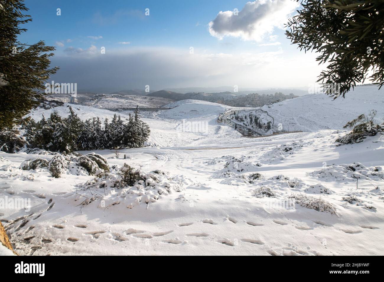 A view from snowy Mount Scopus towards the Judaean Desert. Jerusalem, Israel. Jan 27th 2022. ( Credit: Matan Golan/Alamy Live News Stock Photo