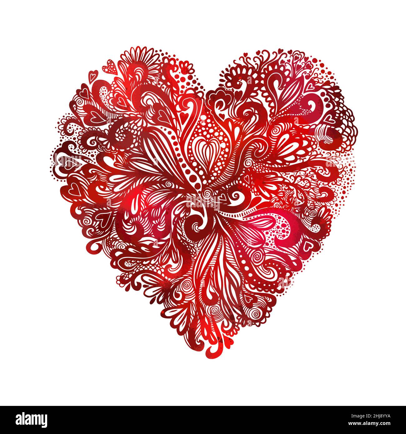 Floral Red heart. Bouquet composition with hand drawn flowers and plants. red vector romantic love illustration in sketch style. Valentine Day card Stock Vector