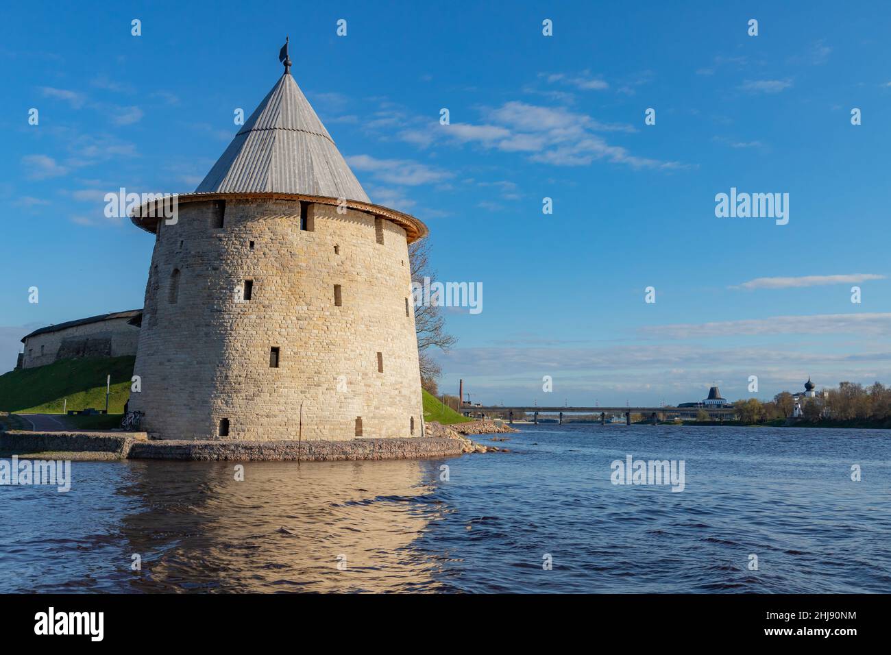 Round stone tower of the Kremlin of Pskov, ancient coastal fortification in Russian Federation Stock Photo