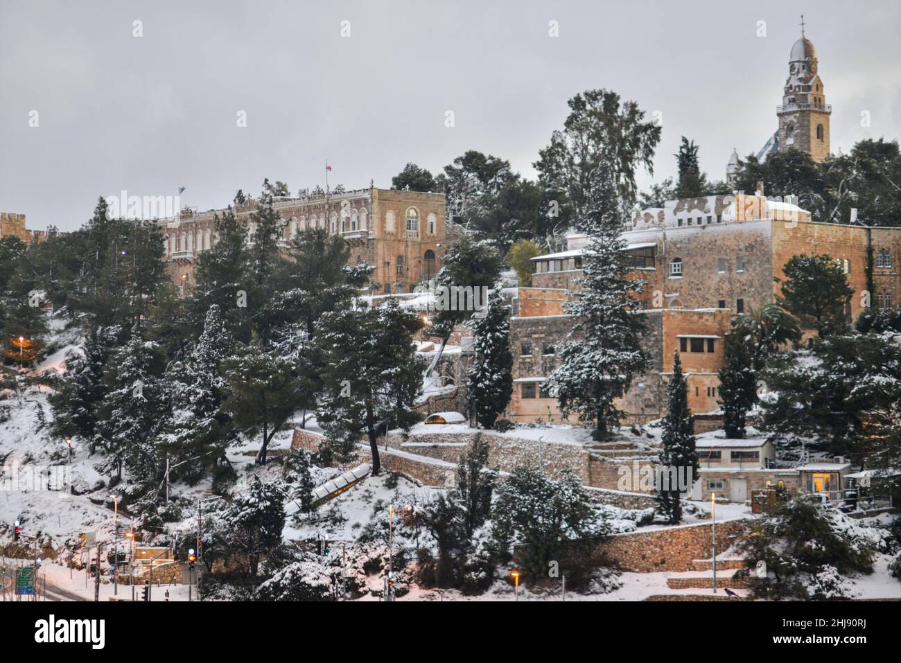 A view towards The snowy Dormition Abbey. Jerusalem, Israel. Jan 27th 2022. ( Credit: Matan Golan/Alamy Live News Stock Photo