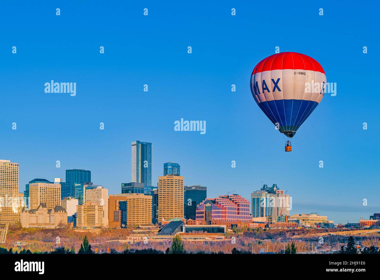 Remax hot air balloon, downtown skyline, Edmonton, Alberta, Canada