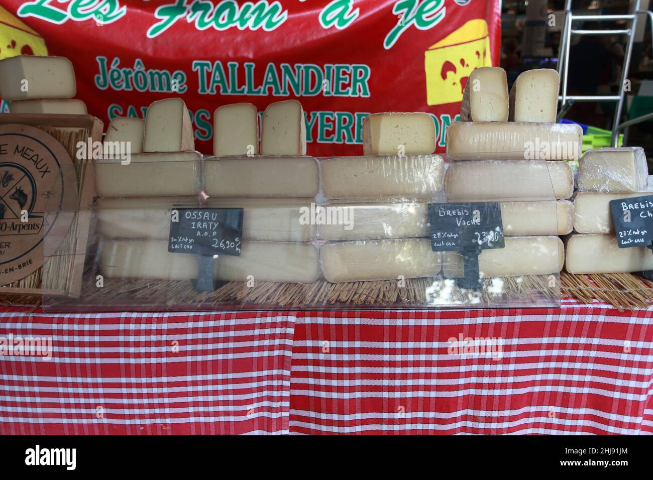 Fromage des Pyrenees (Pyrenean cheese) sold at St Jean de Luz market,  France Stock Photo