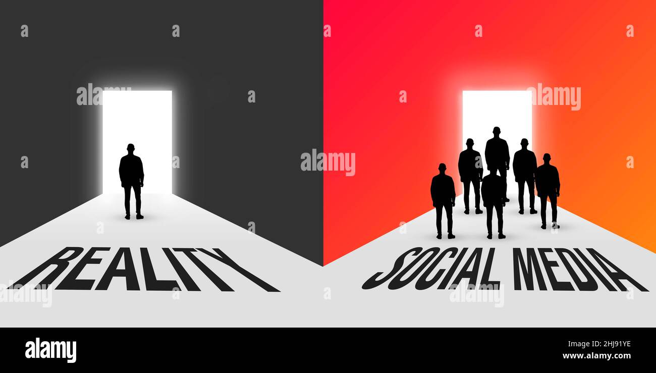 Reality Vs Social Media Concept background with More People standing at one gate. Trending Life