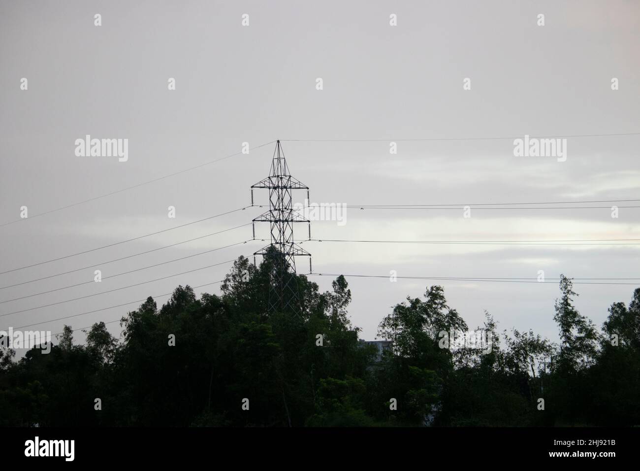 Electricity High voltage Line deliver electricity over long distances. Electric power transmission. Electric power transmission and distribution to tr Stock Photo