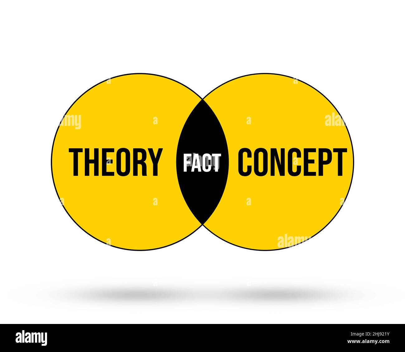 Theory and Concept Sharing Diagram with the Common part of Fact on White Backdrop. Yellow Circles Diagram for theory and fact Stock Photo