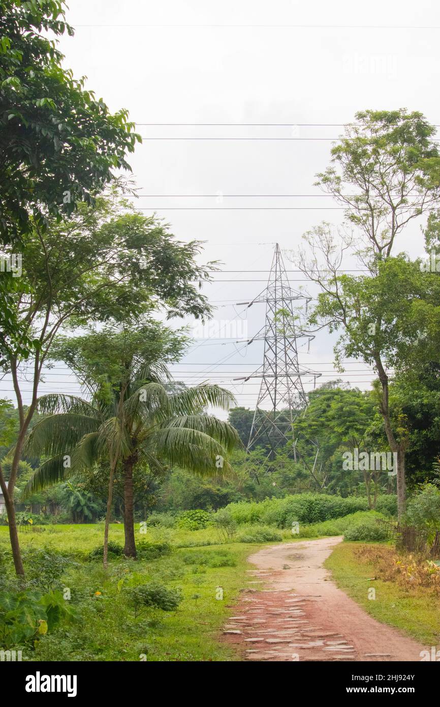 Electricity High voltage Line deliver electricity over long distances. Electric power transmission. Overhead power line. electric power transmission a Stock Photo