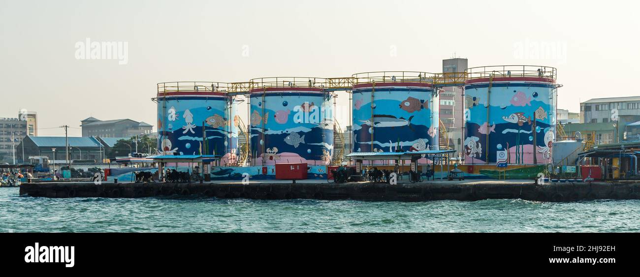 Flat bottom tank farm in the Kaohsiung Harbour in Taiwan Stock Photo