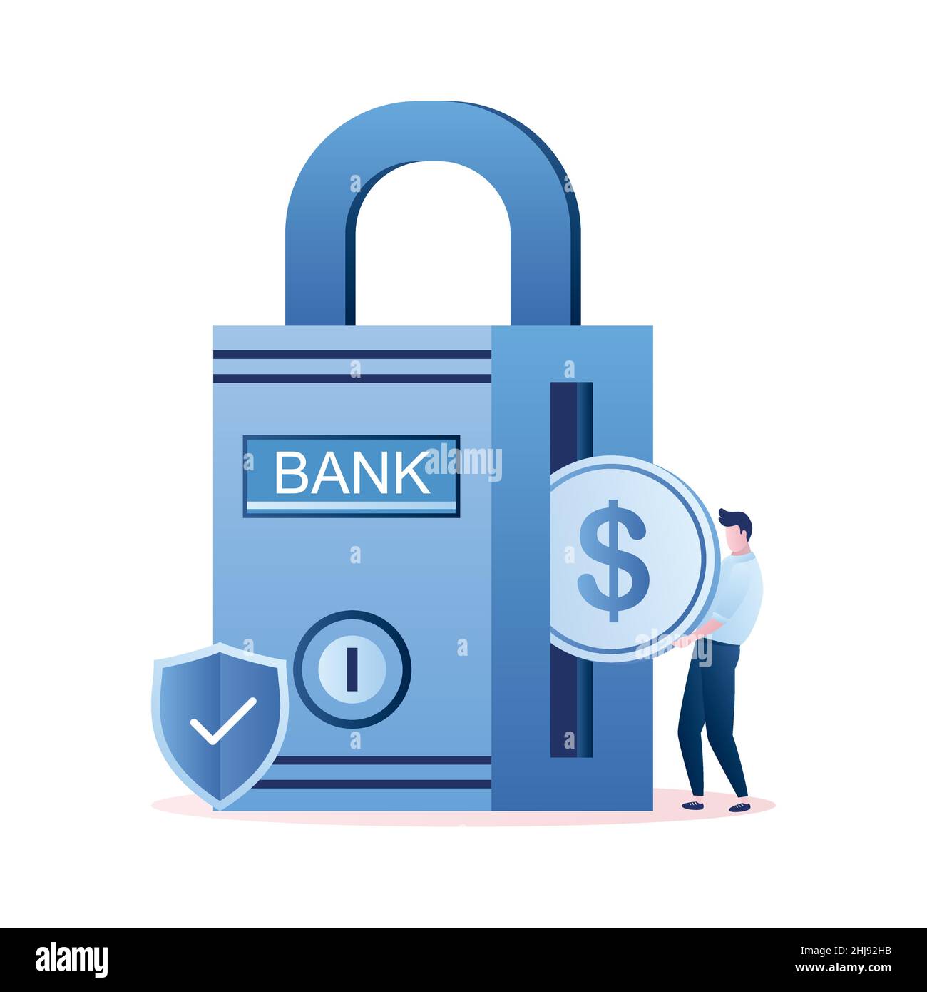 Bank lock or strongbox and businessman hold coin. Financial security. Safe deposit to the bank,male character in trendy style isolated on white backgr Stock Vector
