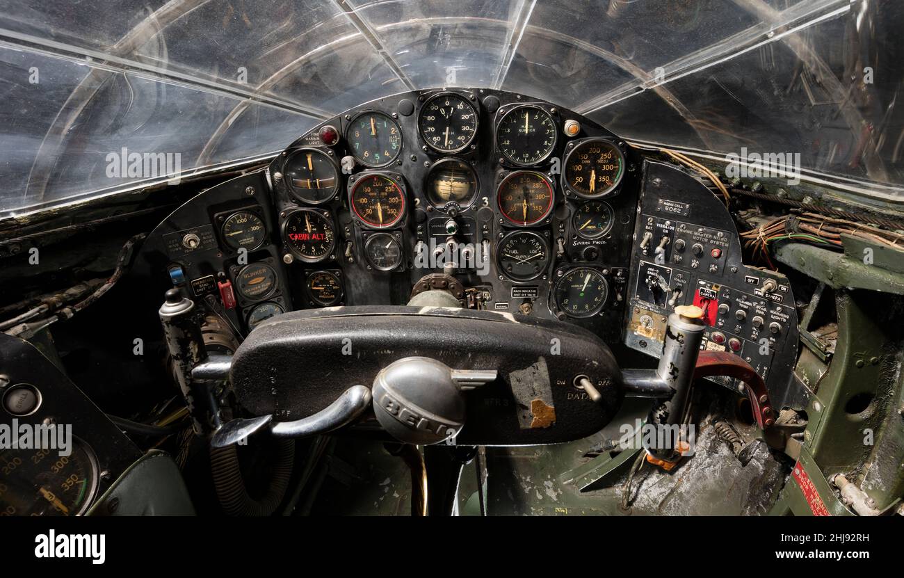 Detail view of the cockpit of the Bell X-1 'Glamorous Glennis' rocket plane, first airplane to fly faster than the speed of sound in 1947 Stock Photo