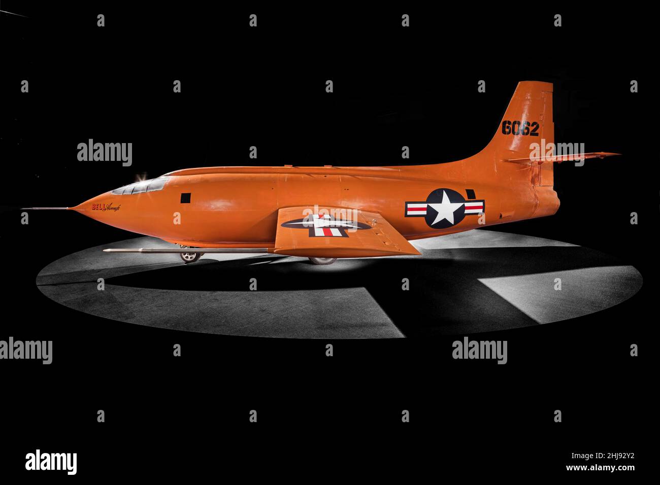 Left side view of the Bell X-1 'Glamorous Glennis' rocket plane  with international orange paint scheme,  National Air and Space Museum, Washington, DC, USA Stock Photo