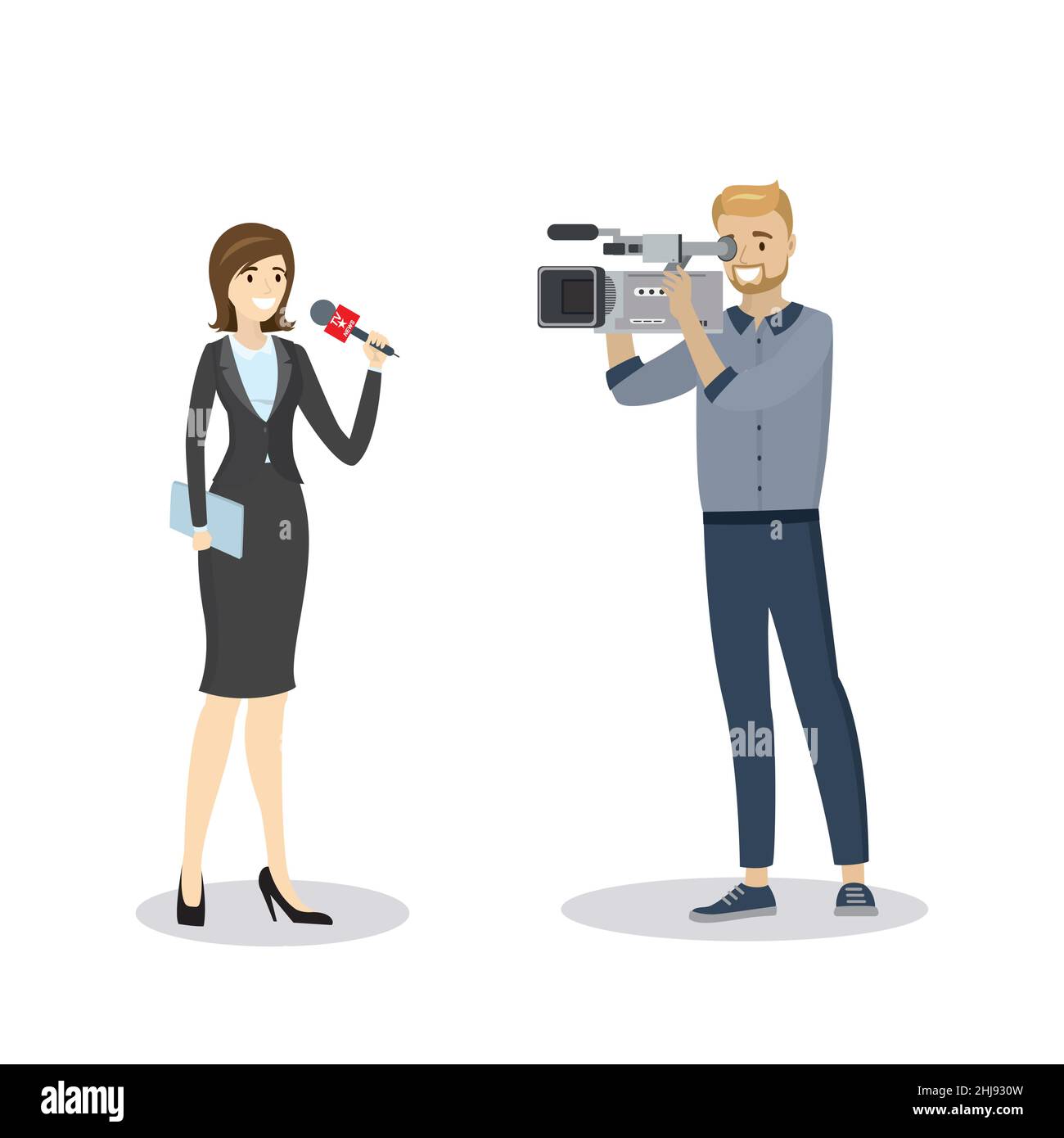 Breaking news illustration. Beautiful female reporter with microphone and  cameraman isolated on white background. Cartoon characters,flat vector  illus Stock Vector Image & Art - Alamy