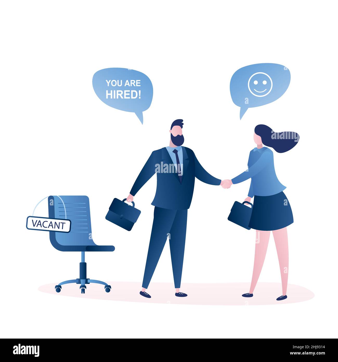 Businessman boss shakes hands with hired woman worker.Human resource recruitment concept,chair with sign- vacant. Business people characters in trendy Stock Vector